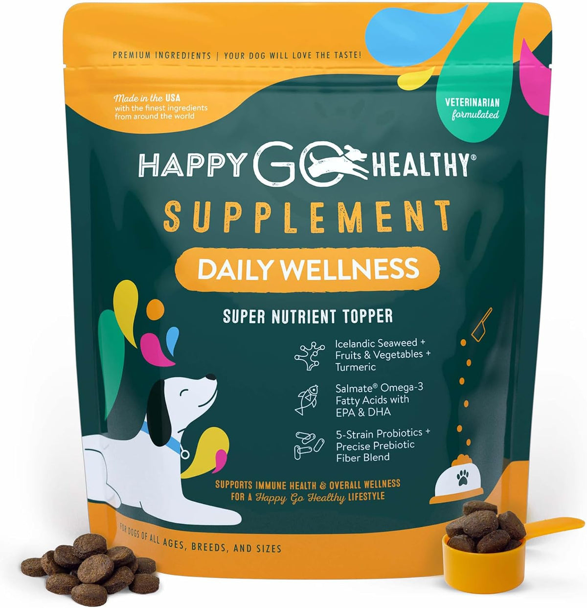 Happy Go Healthy Daily Wellness Supplements for Dogs - Probiotic & Prebiotic with Fish Oil & Seaweed, 120 Count - görsel 1