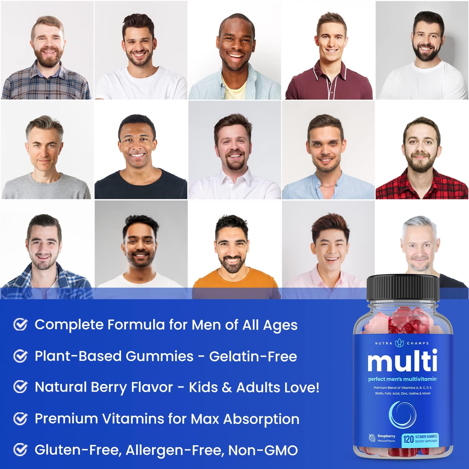 NutraChamps Multivitamin for Men 14+ | Mens Multivitamin Gummies, 120 Count | Vitamins A, B, C, D, E, Biotin, Zinc | Mens Gummy Multivitamins Supplement | Chewable Daily Multi Gummy Vitamins for Men - görsel 5