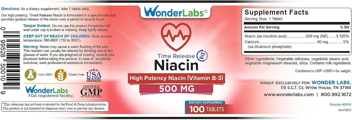 Wonder Laboratories High Potency Time Release Niacin (Vitamin B3) 500 mg 100 Tablets - Non-GMO, Gluten-free Food Supplement - görsel 2
