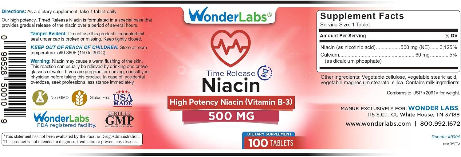 Wonder Laboratories High Potency Time Release Niacin (Vitamin B3) 500 mg 100 Tablets - Non-GMO, Gluten-free Food Supplement - görsel 2