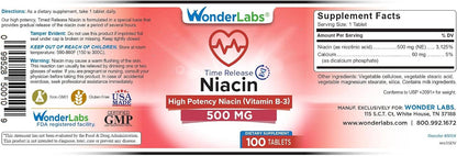 Wonder Laboratories High Potency Time Release Niacin (Vitamin B3) 500 mg 100 Tablets - Non-GMO, Gluten-free Food Supplement