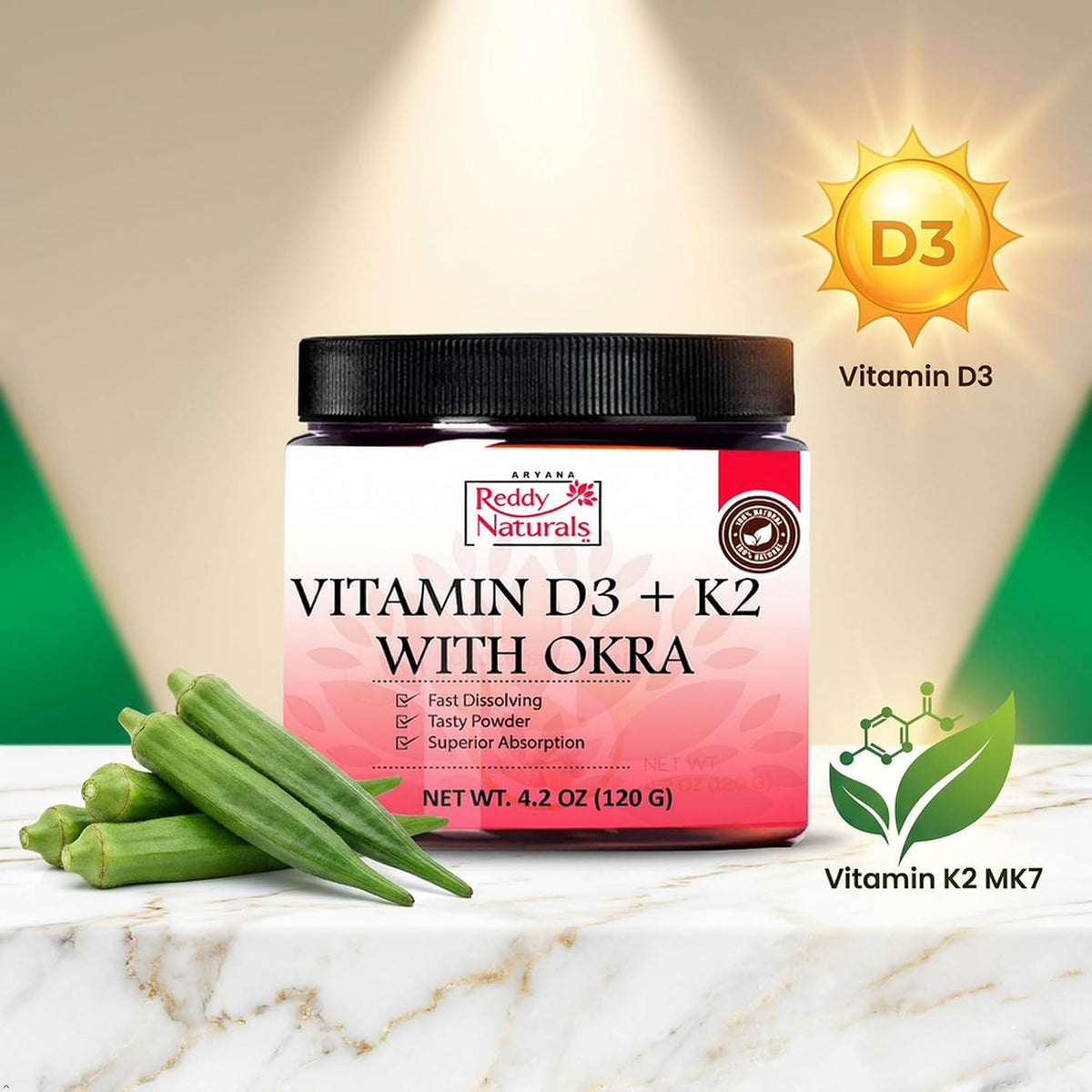 Reddy Naturals Vitamin D3 K2 MK7 Powder with Okra - 4000 IU + 100 mcg, 30 Servings - görsel 2