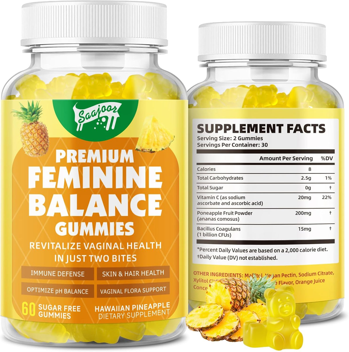 Saajoor Premium Feminine Balance Gummies - Hawaiian Pineapple pH Balance & Immune Support, 120 Count - görsel 8