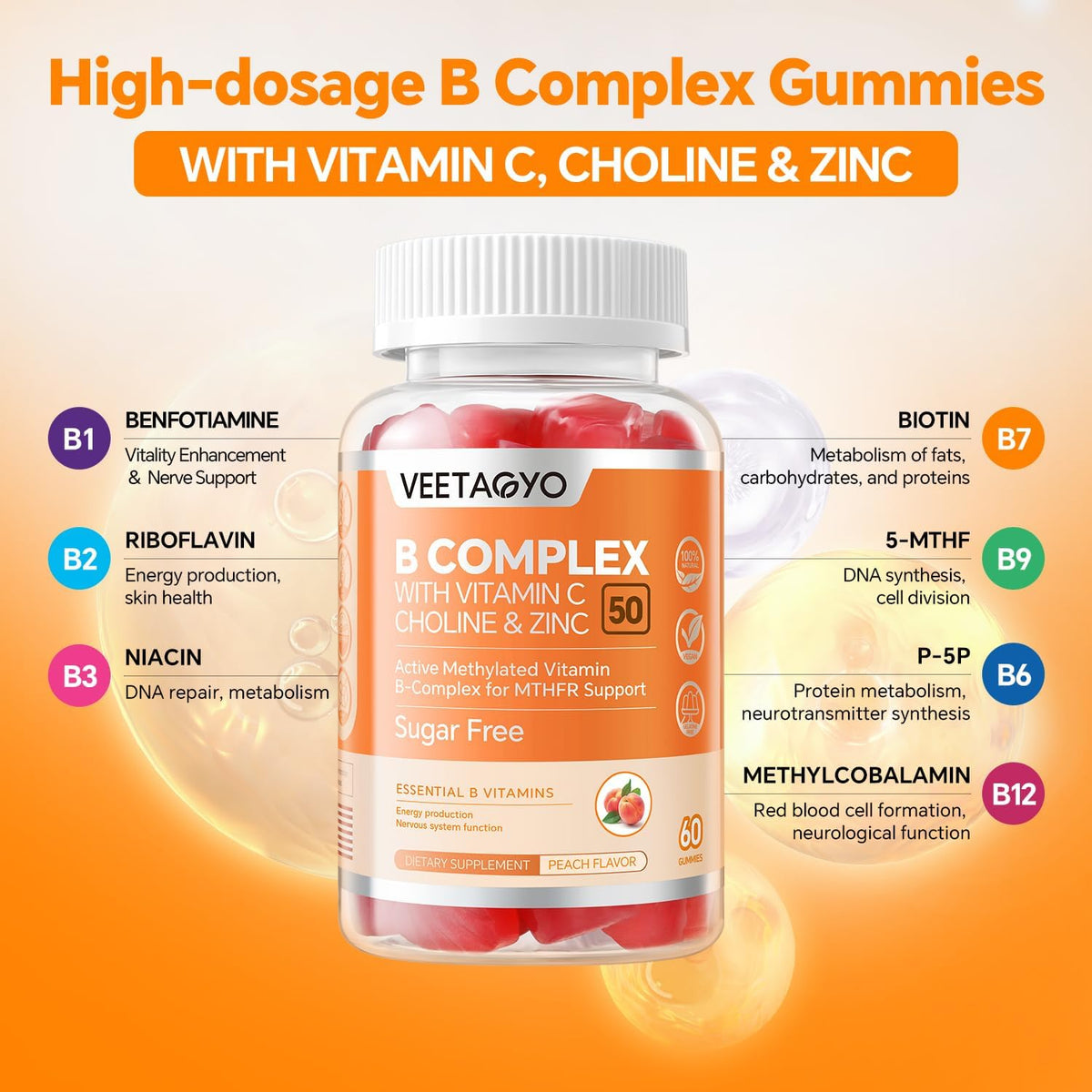 VEETAGYO B Complex 50 Gummies – Methylated B-Complex with Vitamin C, Choline & Zinc, Sugar Free, 120 Count - görsel 3