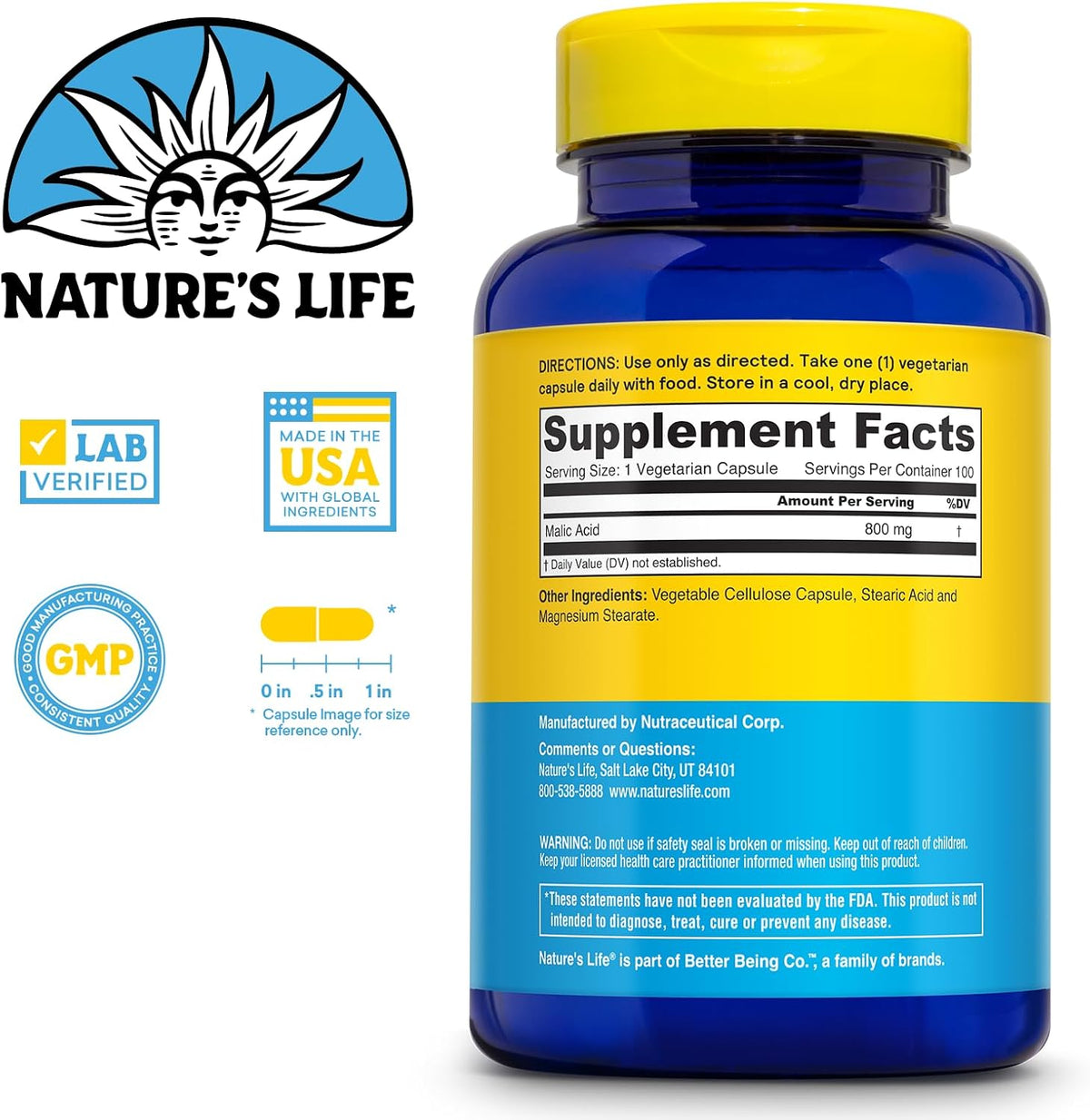 Nature's Life Malic Acid 800 mg, 100 Vegetarian Tablets - görsel 2