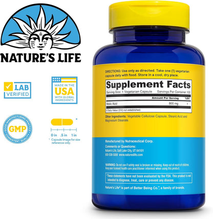 Nature's Life Malic Acid 800 mg, 100 Vegetarian Tablets