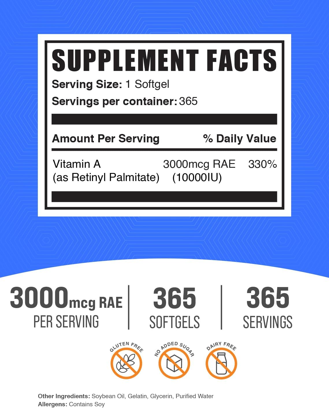 BulkSupplements.com Vitamin A 10000 IU Softgels - as Retinyl Palmitate, Vitamin A Supplement - for Vision & Immune Support, Gluten-free, 1 Soft gel capsule per Serving, 365 Count (Pack of 1) - görsel 2