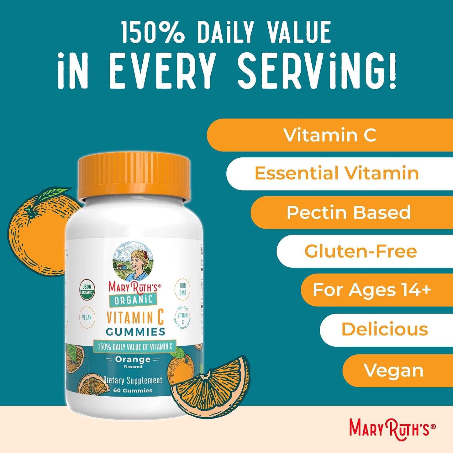 MARYRUTH'S Adult Vitamin C Gummies | USDA Organic | Vegan Chewable Vitamin C Gummies for Ages 14+ | for Immune Support & Overall Wellness | Vegan | Non-GMO | Orange Flavour | 60 Count - görsel 8