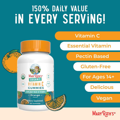 MARYRUTH'S Adult Vitamin C Gummies | USDA Organic | Vegan Chewable Vitamin C Gummies for Ages 14+ | for Immune Support & Overall Wellness | Vegan | Non-GMO | Orange Flavour | 60 Count