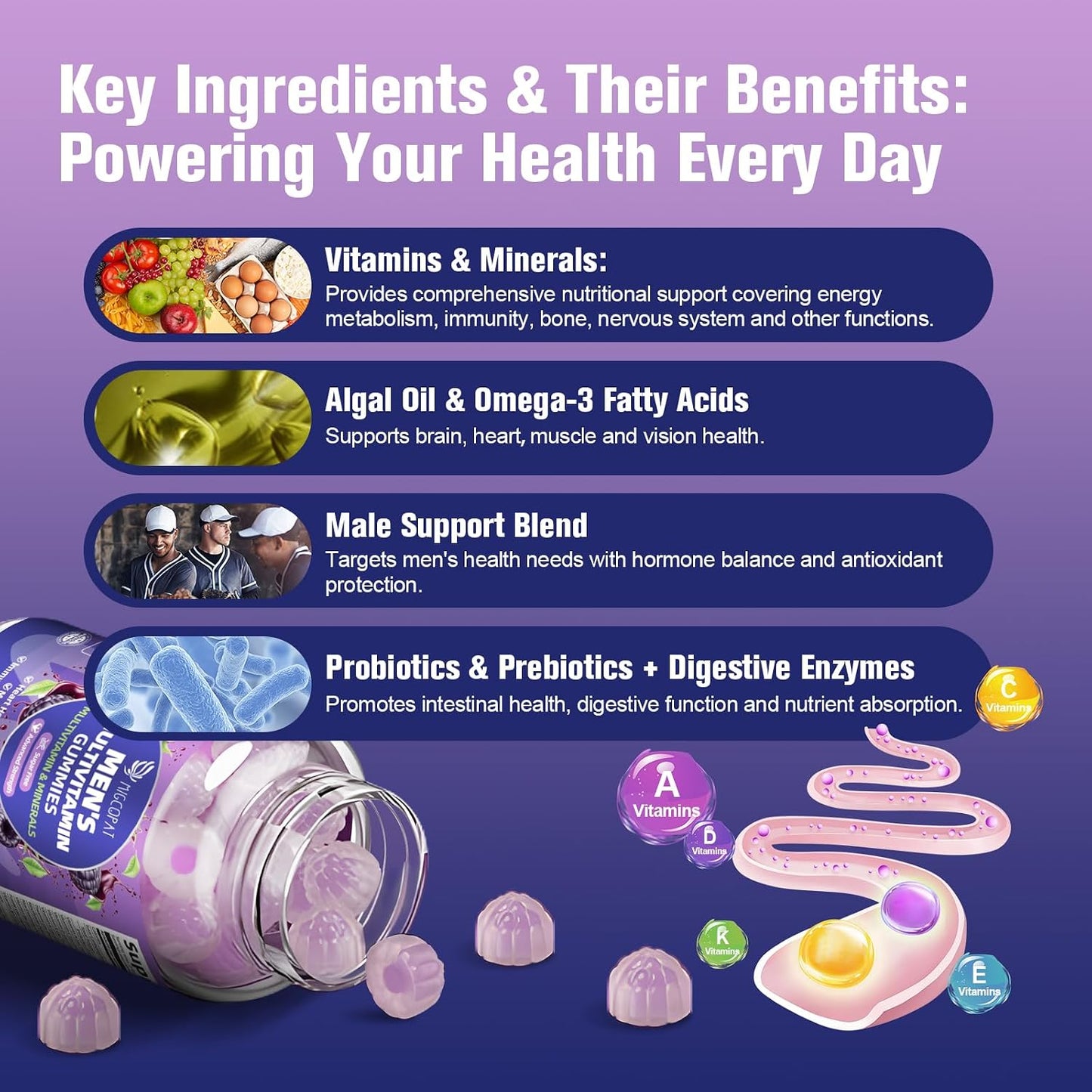 Men's Multivitamin Gummies with Omega-3, Probiotics & Methylated B Vitamins – Sugar-Free Blackberry - görsel 4