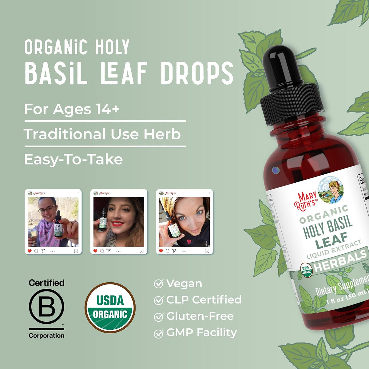 MaryRuth's Organic Holy Basil (Tulsi) Liquid Drops – 590 mg, 30 ml (1 fl oz) - görsel 8
