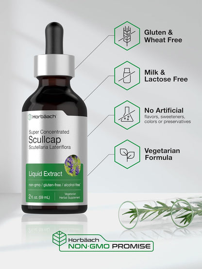 Horbaach Scullcap Herb Tincture, 59 ml (2 fl oz) - Alcohol-Free Liquid Extract Drops