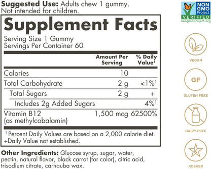 Solgar Methyl B12 Gummies - 1500µg Ultra Potency, Raspberry Flavour, Vegan & Gluten-Free - 60 Gummies