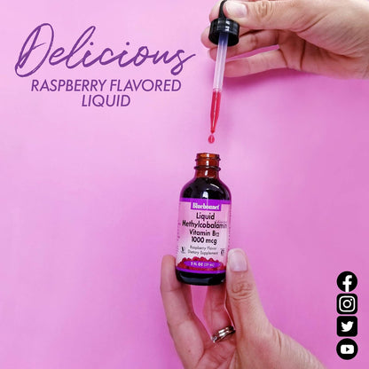 Bluebonnet Liquid Methylcobalamin Vitamin B12 5000 mcg - Active Coenzyme B12 Drops, Vegan, Gluten-Free, Raspberry Flavour, 59 ml