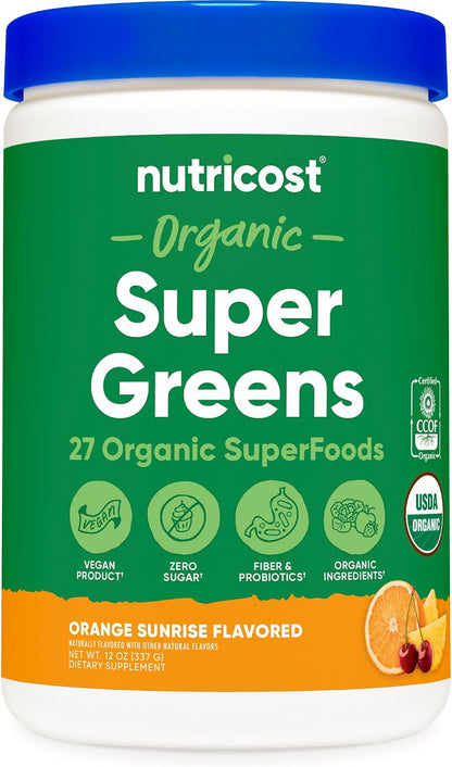 Nutricost Organic Super Greens Powder (30 Servings) Orange Sunrise Flavour - Superfood Supplement Drink Mix