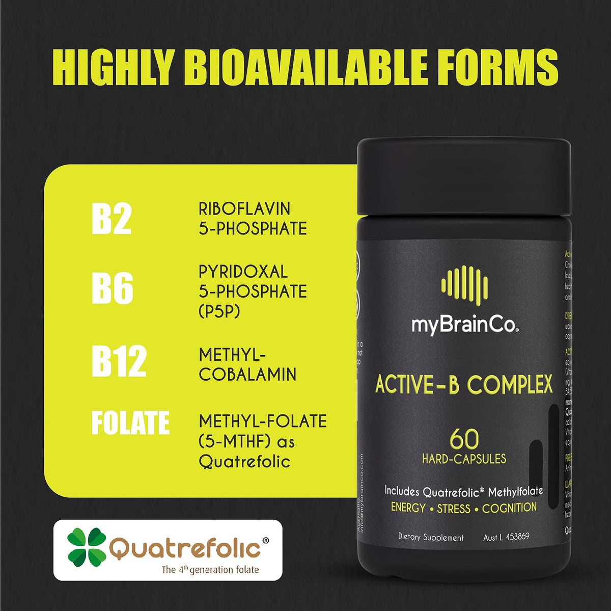myBrainCo. Active-B Complex – High Strength Activated B Vitamin Supplement with B2, B6, B12 & Methyl Folate – Contributes to Normal Energy Release, Brain Function & Nervous System – 60 Vege-Capsules - görsel 2