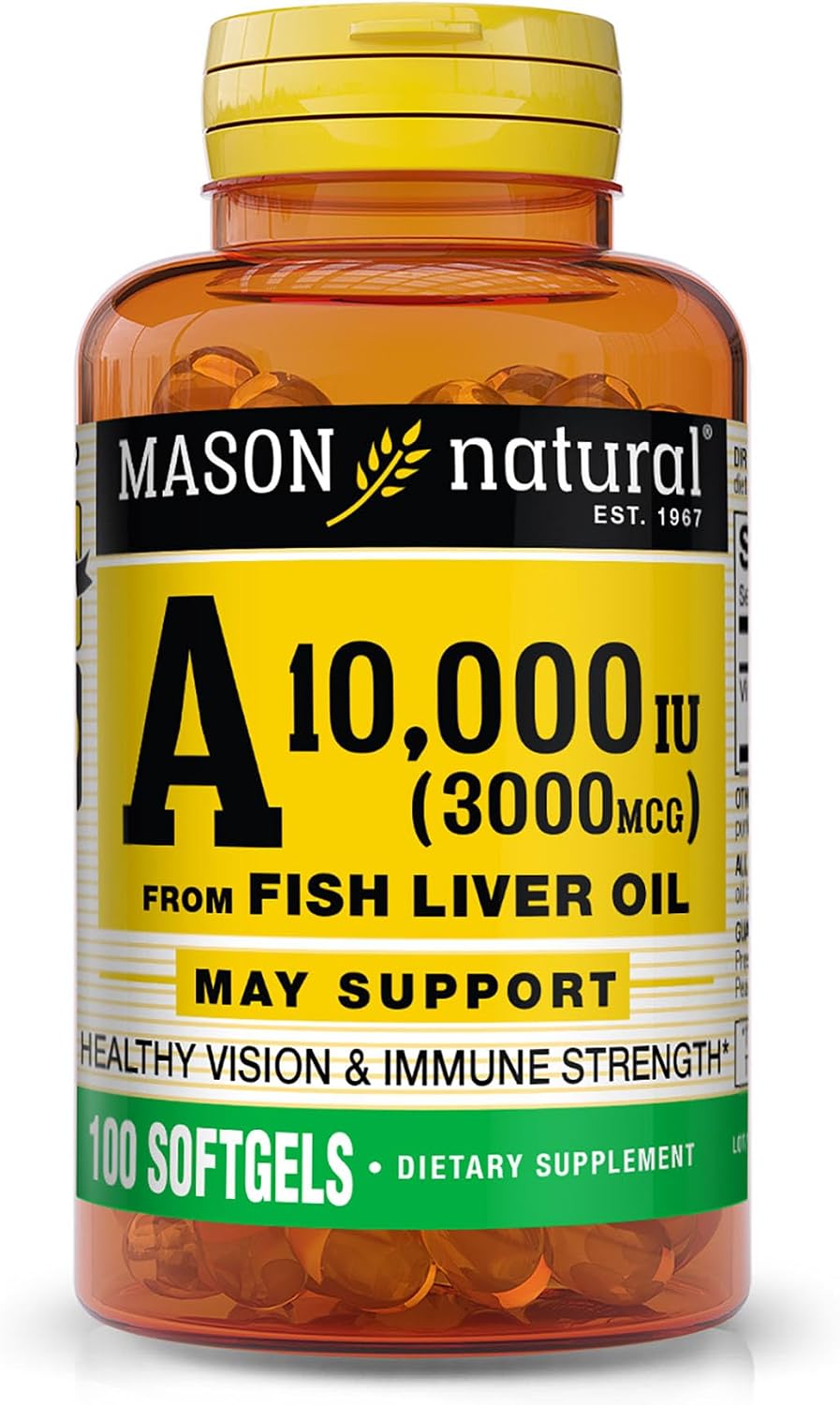 MASON NATURAL Vitamin A 10,000 IU (3,000 micrograms) from Fish Liver Oil, 100 Softgels - görsel 1