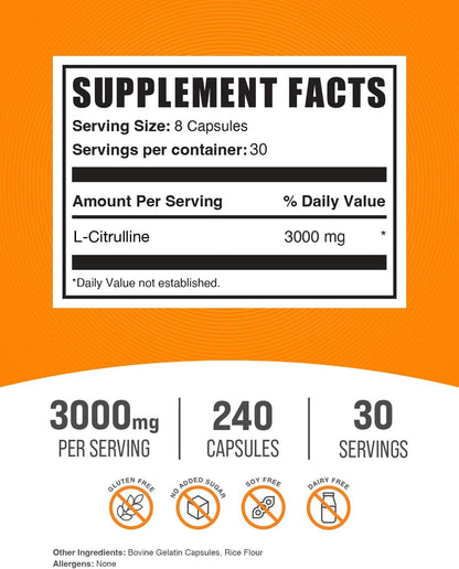 BulkSupplements L-Citrulline 3000mg Capsules - 240 Capsules, Gluten-free