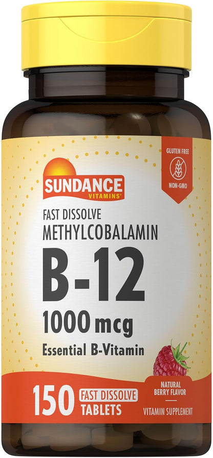 Sundance Vitamin B12 1000mcg Fast Dissolve Tablets - Methylcobalamin, Vegetarian, Non-GMO, Gluten-free