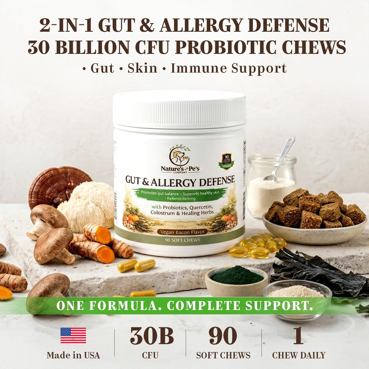 30 Billion CFU Probiotics for Dogs – Gut & Allergy Defence Chews with Quercetin, Colostrum, Turmeric, Mushrooms – 90 Soft Chews – Made in USA - görsel 2