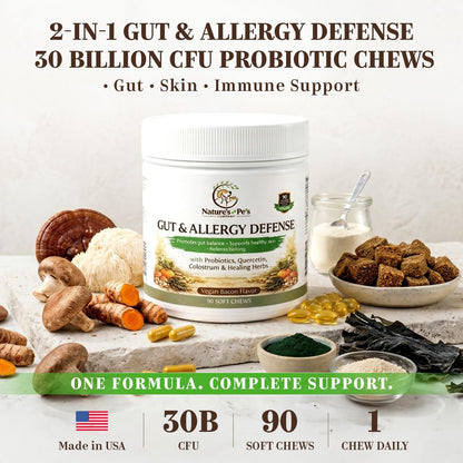 30 Billion CFU Probiotics for Dogs – Gut & Allergy Defence Chews with Quercetin, Colostrum, Turmeric, Mushrooms – 90 Soft Chews – Made in USA