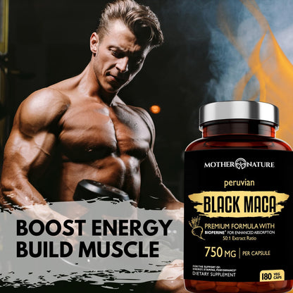 Organic Raw Black Maca 750mg with BioPerine, Energy and Performance, 180 Capsules