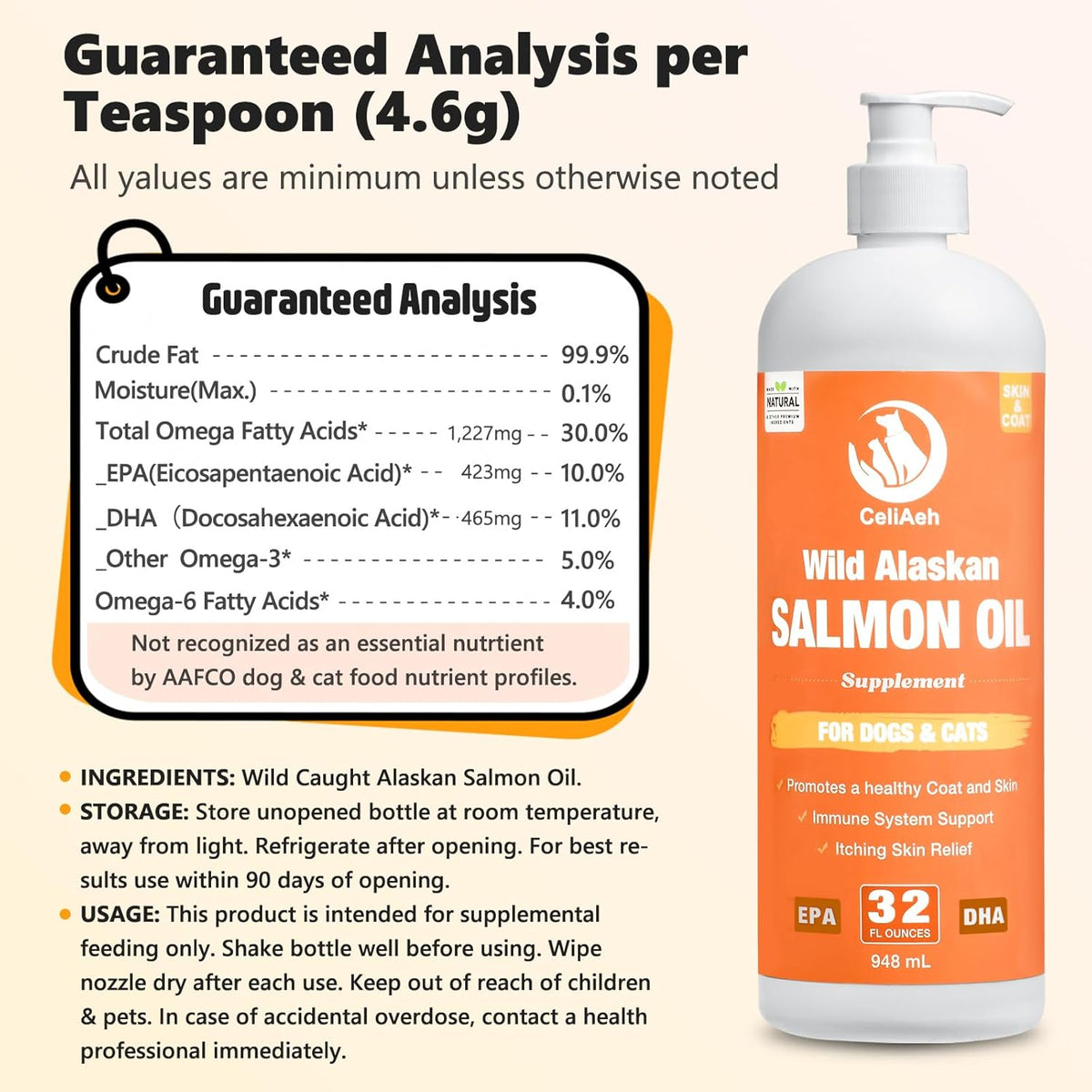 CeliAeh Wild Salmon Oil for Dogs & Cats (32 fl oz / 946 ml) – Omega-3 Supplement for Skin, Coat & Joint Health - görsel 3
