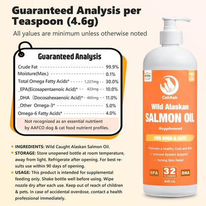 CeliAeh Wild Salmon Oil for Dogs & Cats (32 fl oz / 946 ml) – Omega-3 Supplement for Skin, Coat & Joint Health