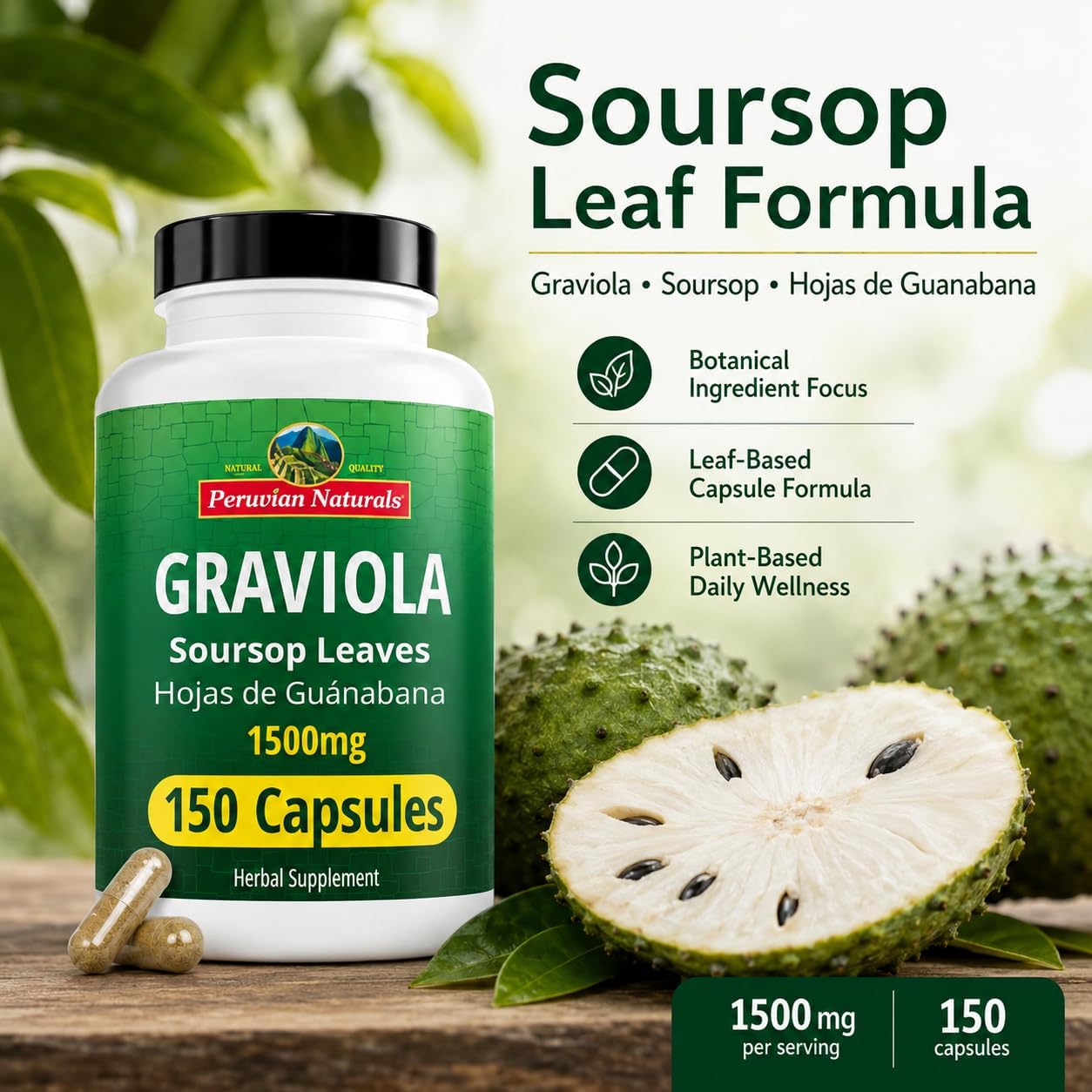 Peruvian Naturals Graviola Soursop Capsules – 1500 mg Premium Soursop Extract, 150 Count - görsel 2