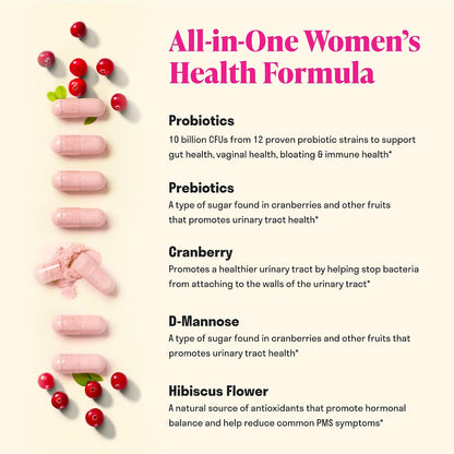 3-in-1 Women's Probiotic - 60 Capsules - 12 Unique Strains, Prebiotics, D-Mannose & Cranberry for Digestive, Vaginal & Immune Health