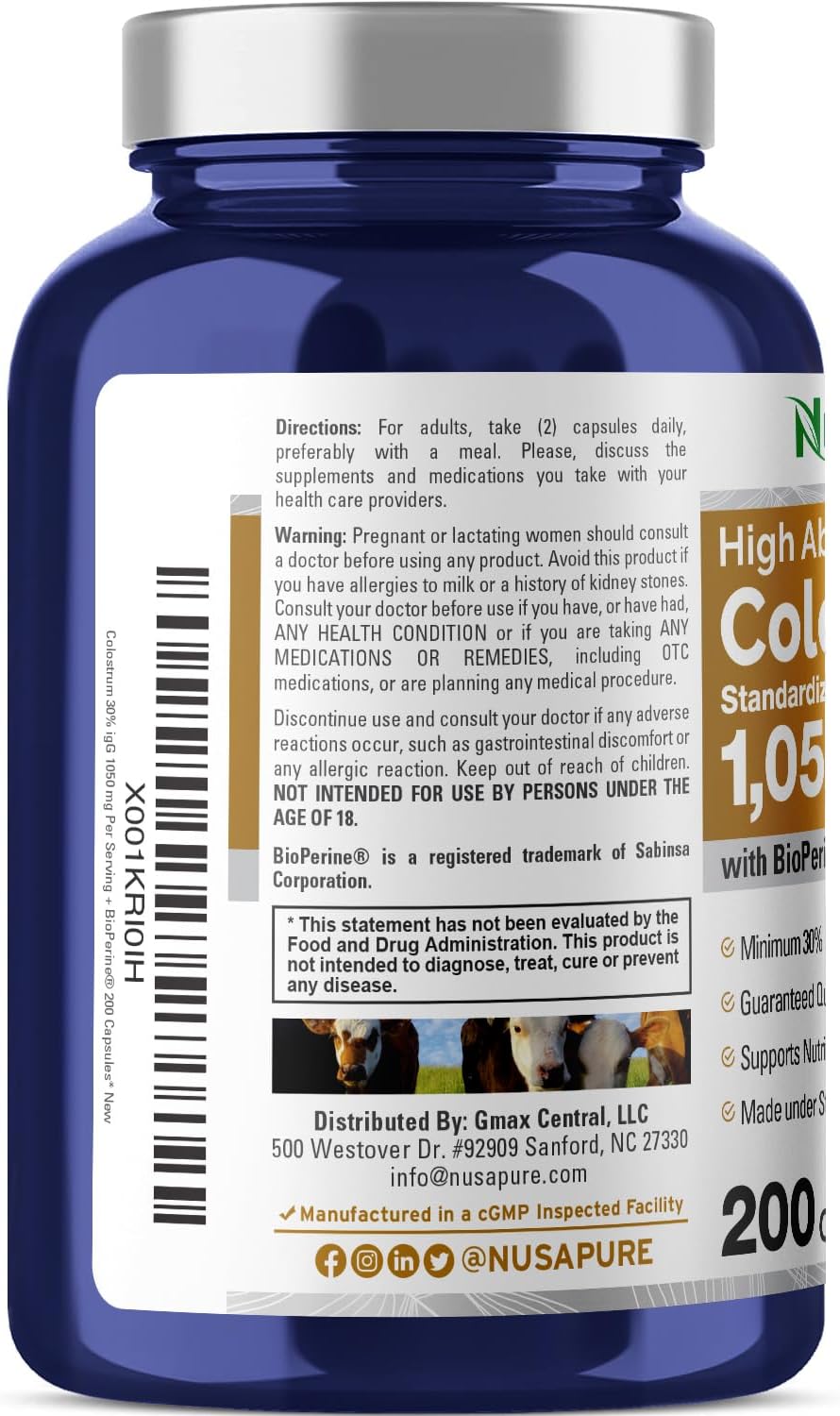 NusaPure Colostrum 1050 mg 30% IgG 200 Capsules with Bioperine - görsel 3