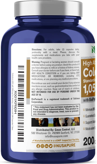 NusaPure Colostrum 1050 mg 30% IgG 200 Capsules with Bioperine