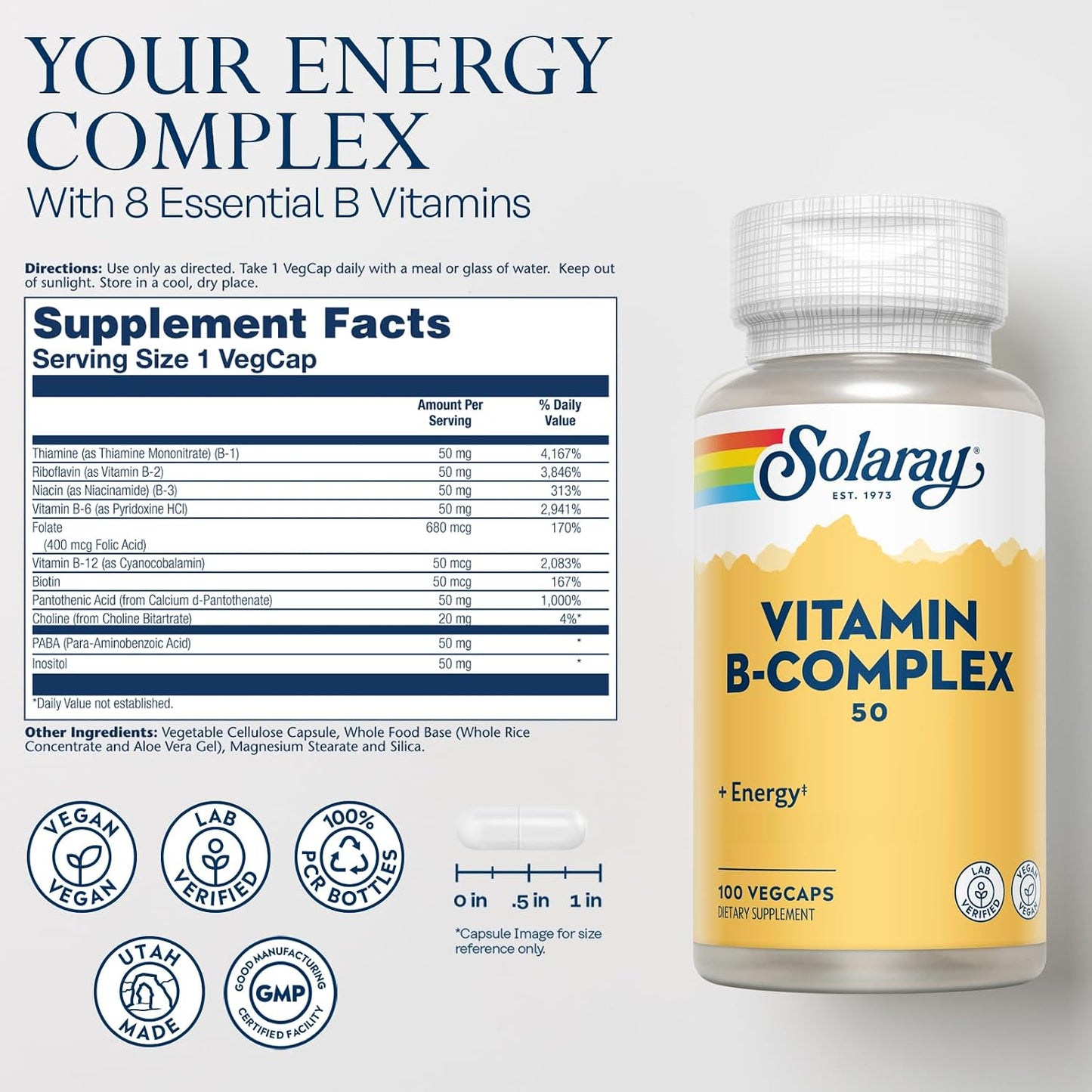Solaray Vitamin B Complex 50 mg – Cellular Energy and Nerve Support – 100 VegCaps - görsel 2