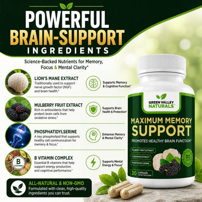 Green Valley Naturals Maximum Memory Support | Cognitive Formula with Lion's Mane, Mulberry, Phosphatidylserine & Methylated B Vitamins | 30 Capsules
