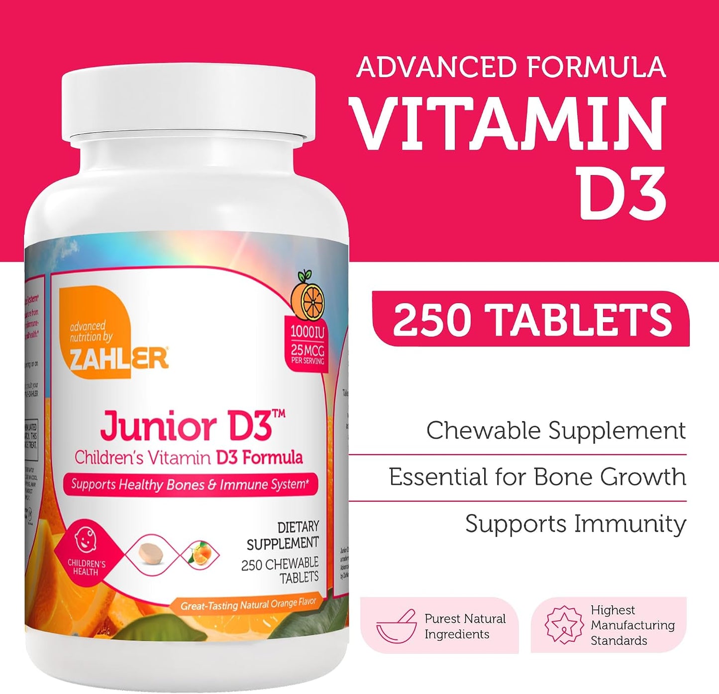 Zahler Junior D3 Vitamins 1000 IU - Chewable Vitamin D3 for Kids to Support Bone, Teeth & Immune Health - Kosher Orange Flavour - 250 Count - görsel 3