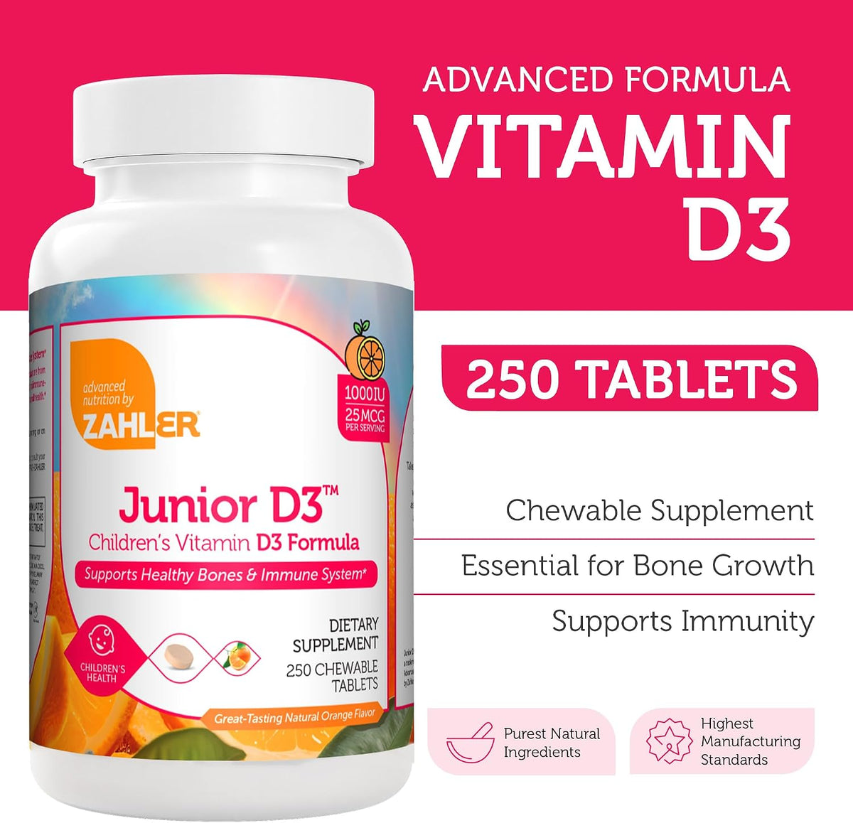 Zahler Junior D3 Vitamins 1000 IU - Chewable Vitamin D3 for Kids to Support Bone, Teeth & Immune Health - Kosher Orange Flavour - 250 Count - görsel 3