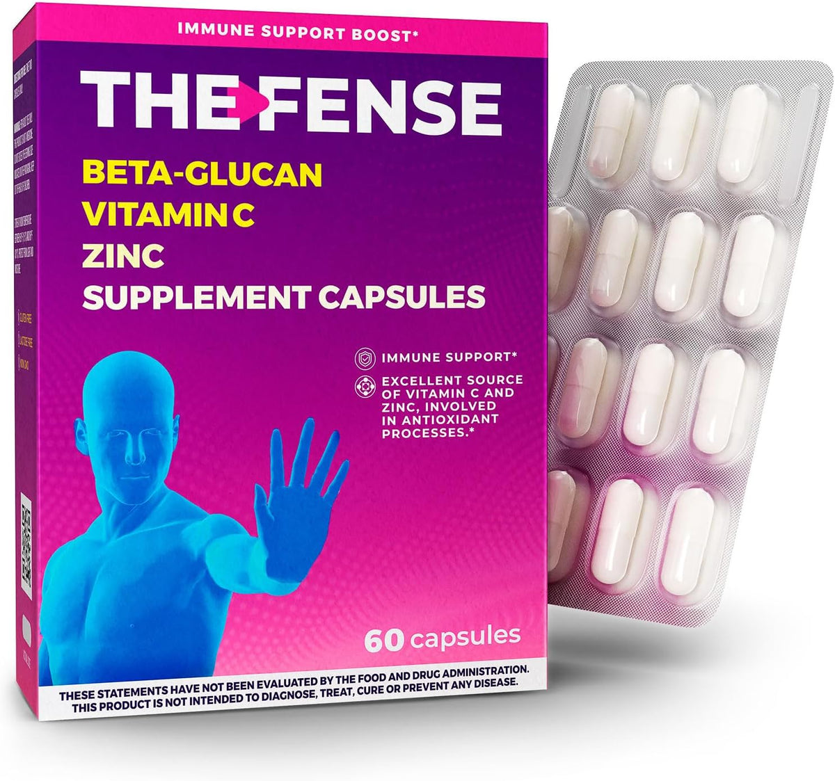 THE-FENSE Beta Glucan, Vitamin C and Zinc Supplement Capsules – Immune Support Booster for Women and Men – Free from Gluten and Lactose, Non-GMO – 60 Capsules - görsel 1