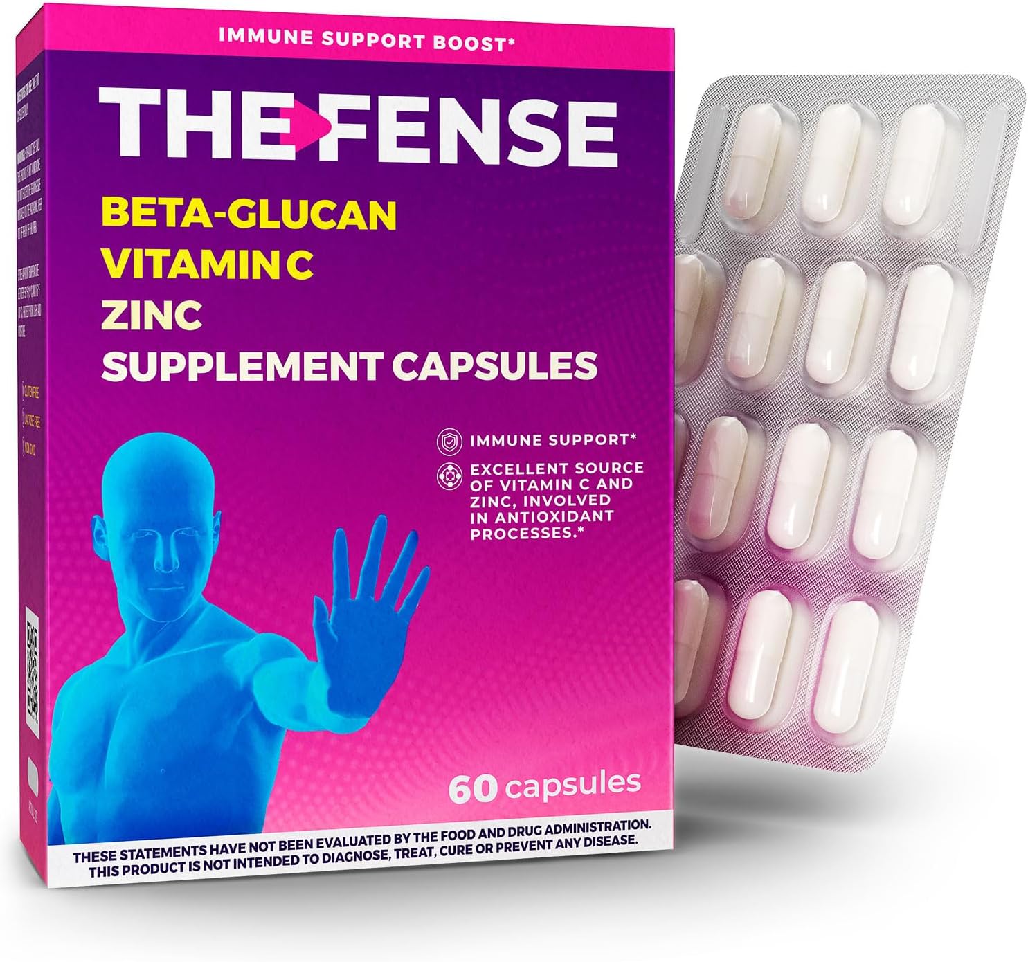 THE-FENSE Beta Glucan, Vitamin C and Zinc Supplement Capsules – Immune Support Booster for Women and Men – Free from Gluten and Lactose, Non-GMO – 60 Capsules - görsel 1