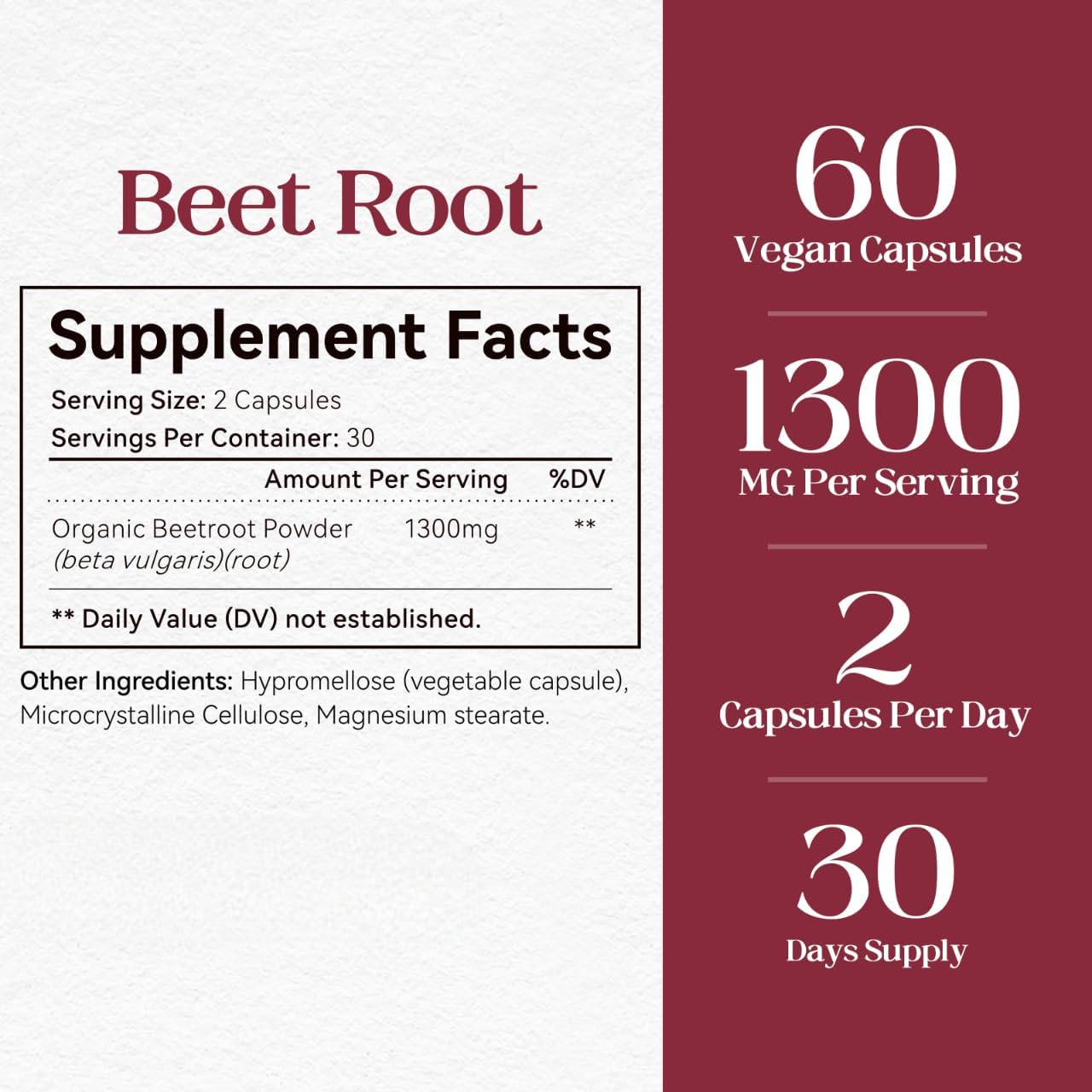 HyberVive Beet Root Powder Capsules – 1300mg, 60 Vegan Capsules - görsel 3