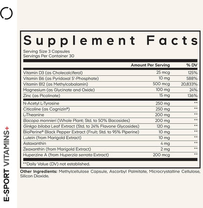 Codeage E-Sport Vitamins+ | Cognizin, Bacopa, L-Theanine, Nootropic Blend | 90 Capsules