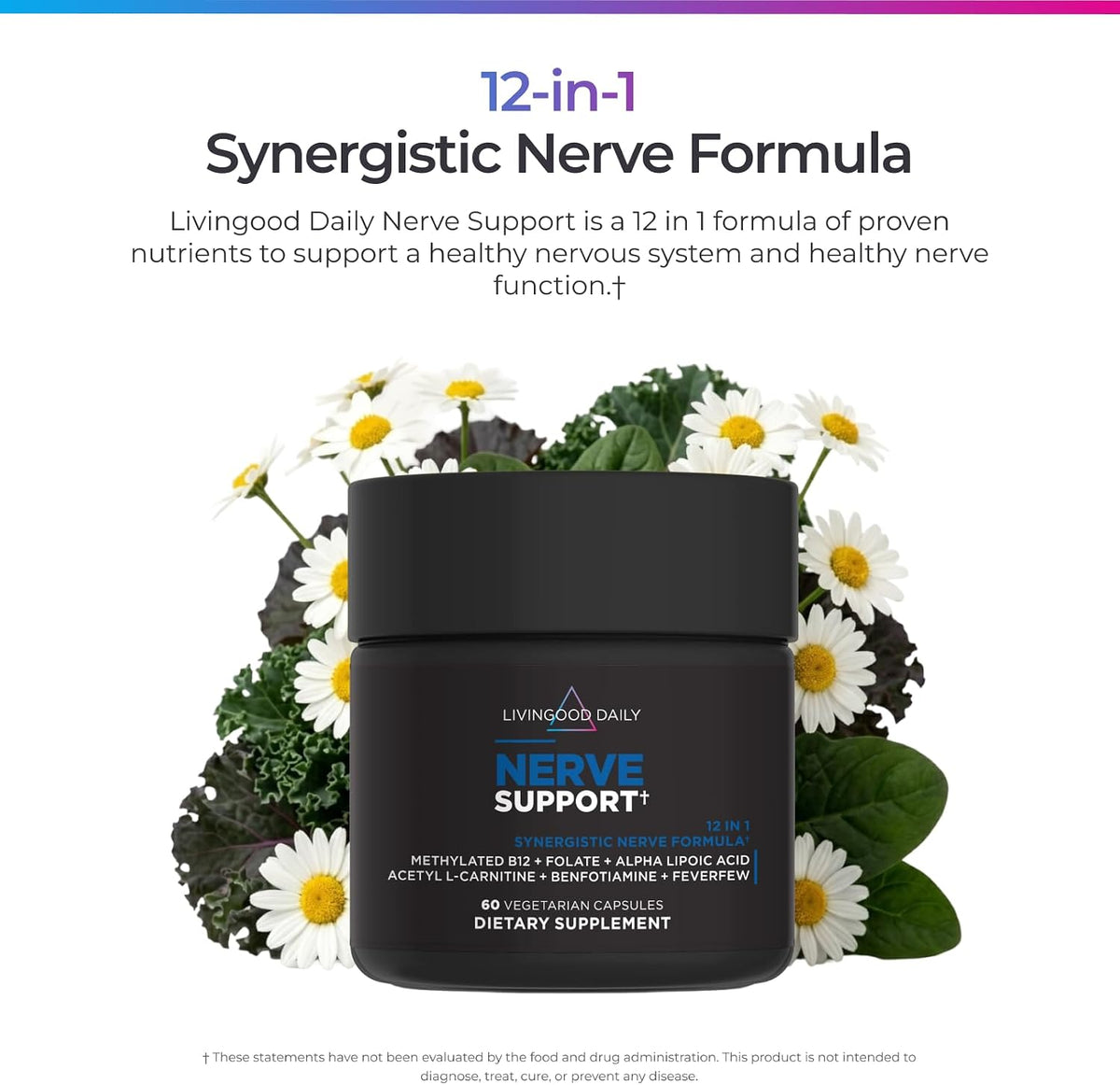 Livingood Daily Nerve Support Supplement - 12-in-1 Nerve Health Formula with Methylated B12, Folate, Benfotiamine, ALA & Feverfew - 60 Capsules - görsel 3