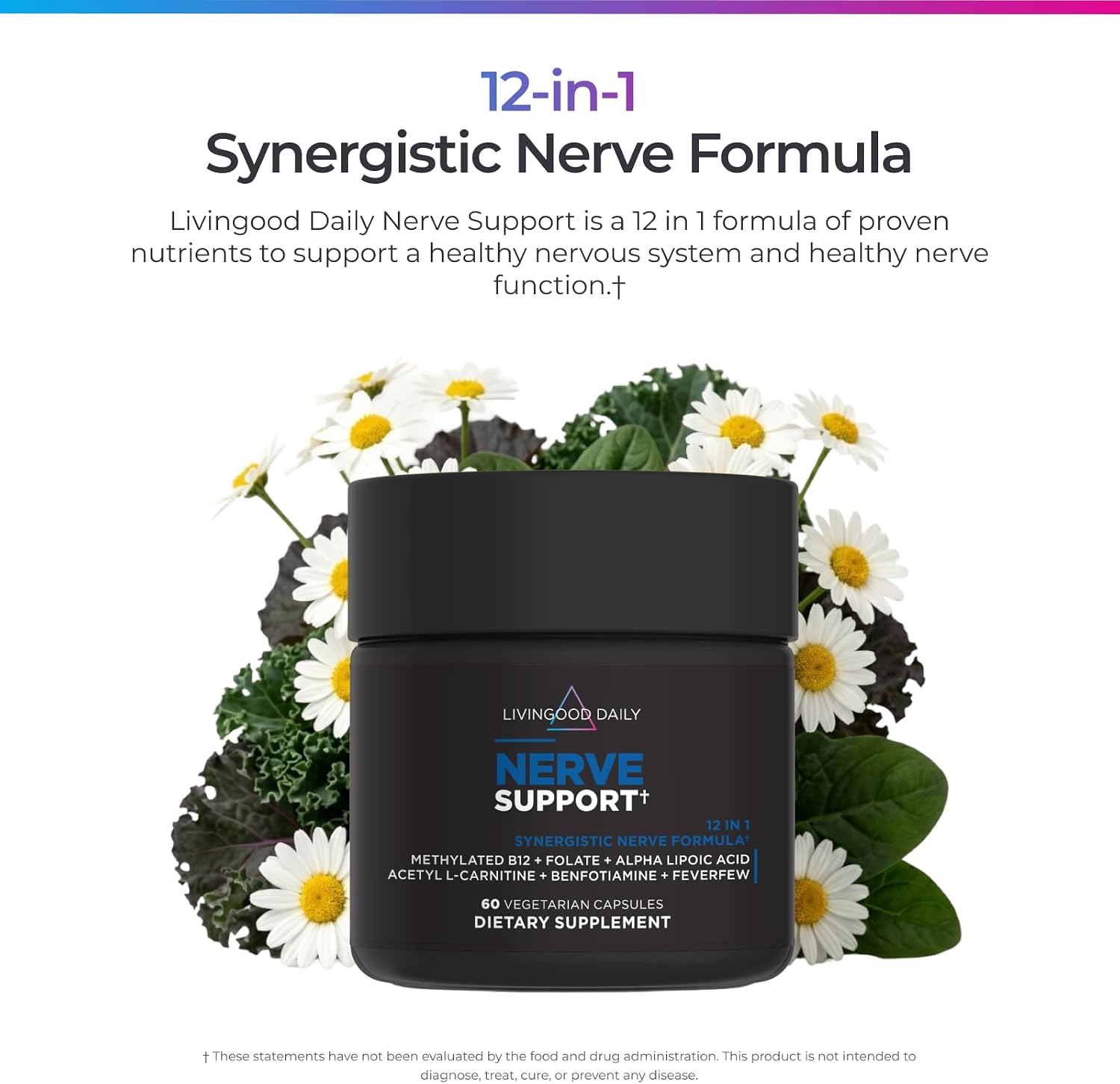Livingood Daily Nerve Support Supplement - 12-in-1 Nerve Health Formula with Methylated B12, Folate, Benfotiamine, ALA & Feverfew - 60 Capsules - görsel 3