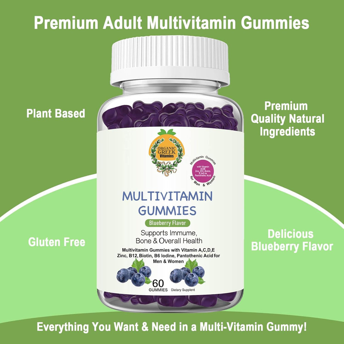 Organic Greek Multivitamin Gummies with Vitamin A, C, D, E, Zinc, B12, Biotin, B6, Iodine, Pantothenic Acid – 13 Vitamins and Minerals, Blueberry Flavour - görsel 3