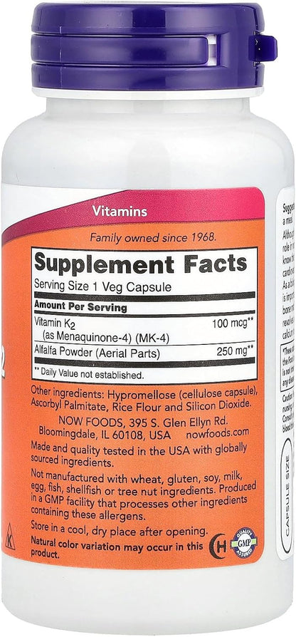 NOW Foods Vitamin K-2, 100mcg – 100 Capsules