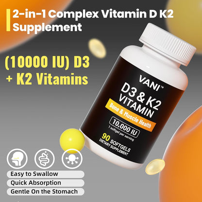Vitamin D3 (10000 IU) + K2 (MK-7) – 90 Soft gel capsules for Bone, Muscle & Teeth Health