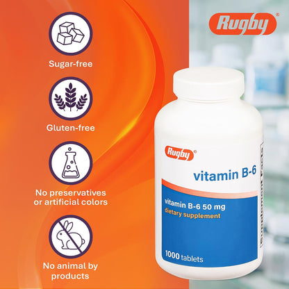 Rugby Vitamin B6 50mg Tablets, Gluten-Free Food Supplement for Adults - 1000 Count