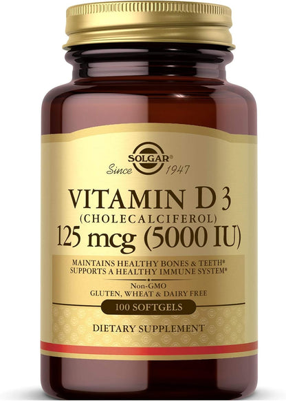 Solgar Vitamin D3 (Cholecalciferol) 125 mcg (5000 IU), 100 Softgels – Bone and Immune Support