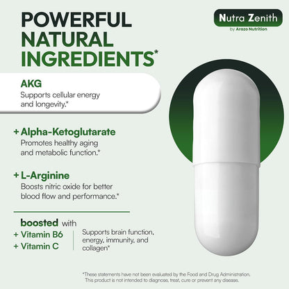 AKG Anti-Ageing & Vitality Supplement with Vitamin B6, Vitamin C & L-Arginine – 60 Capsules