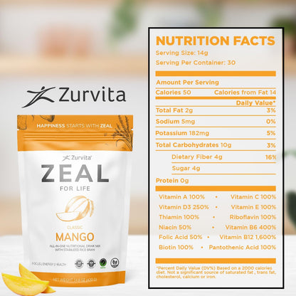 Zurvita Zeal for Life Wellness Drink Mix - Mango Flavour - Gluten-Free, Vegan, with Biotin, Vitamins B12, C, D, E, Iron, Magnesium - 30 Servings (420 g)