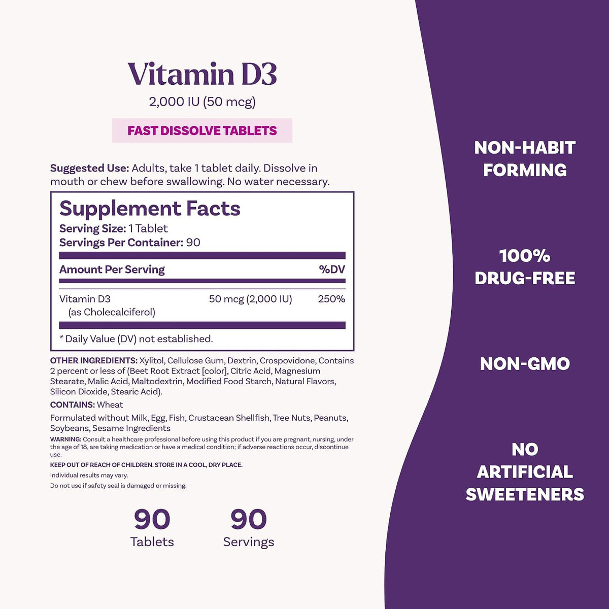 Natrol Vitamin D3 2,000 IU Fast Dissolve Tablets - Bone & Joint Health, 90 Tablets - görsel 4